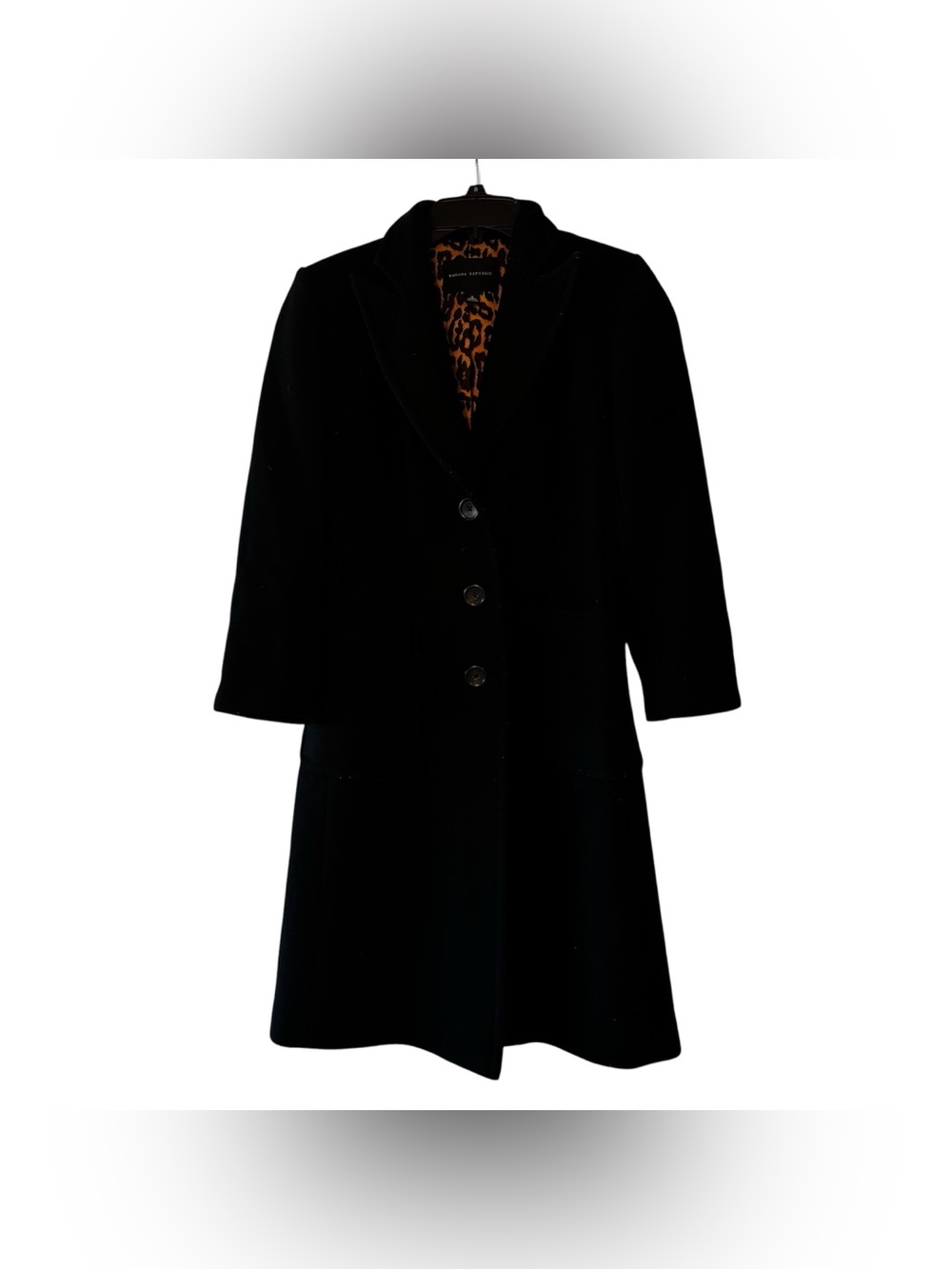 Banana Republic Women’s Long Pea Wool Coat Jacket Size S Black Leopard Lining